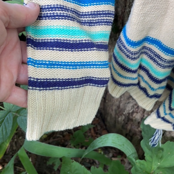 Red Camel Tan Open Front Sweater Cascading Waterfall Blue Stripes Fringes Aztec - Picture 10 of 16
